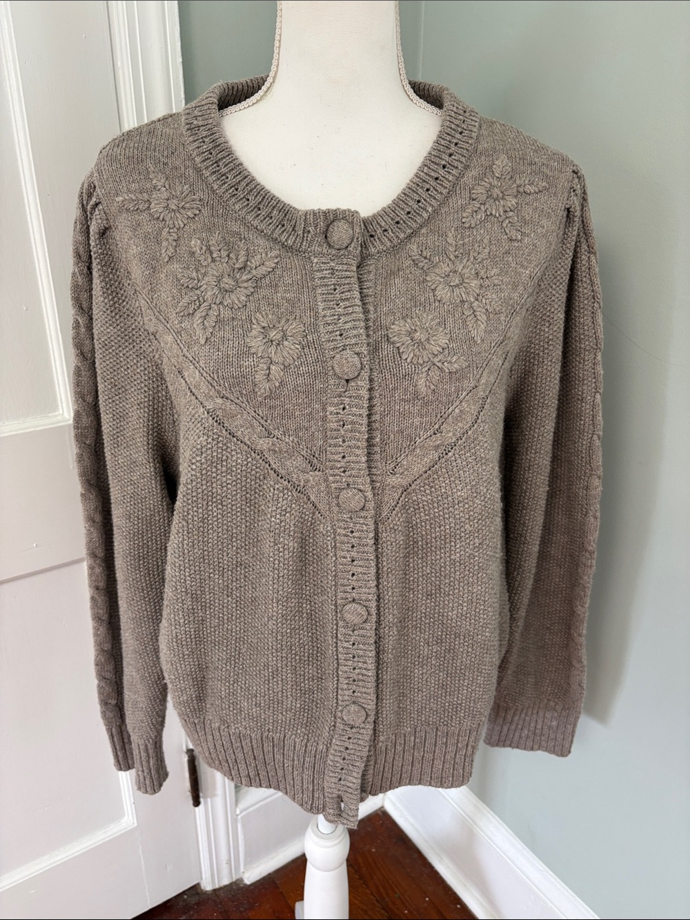 Joie Taupe Floral Cable Knit Cardigan Sweater Size XL‎ Wool Blend Cottagecore